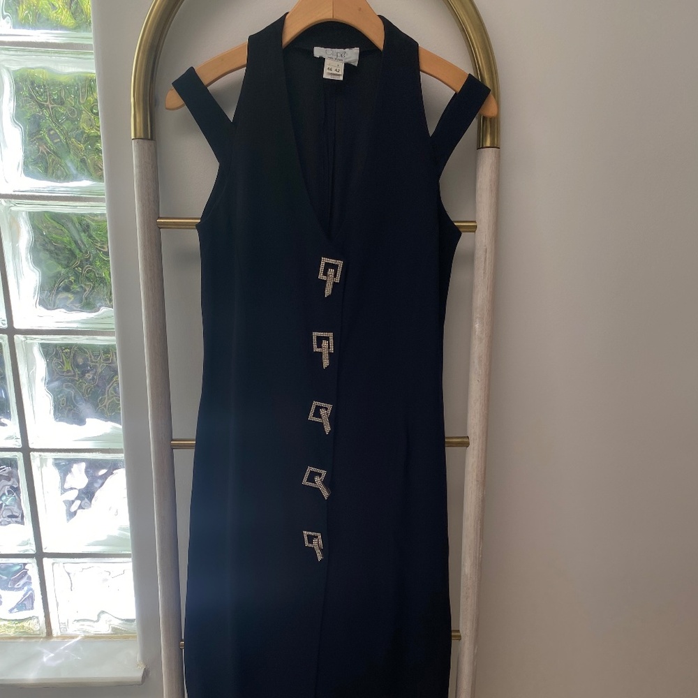 Vintage Clips Italy Sleeveless Long Evening Black Dress Slits Size Italian 46